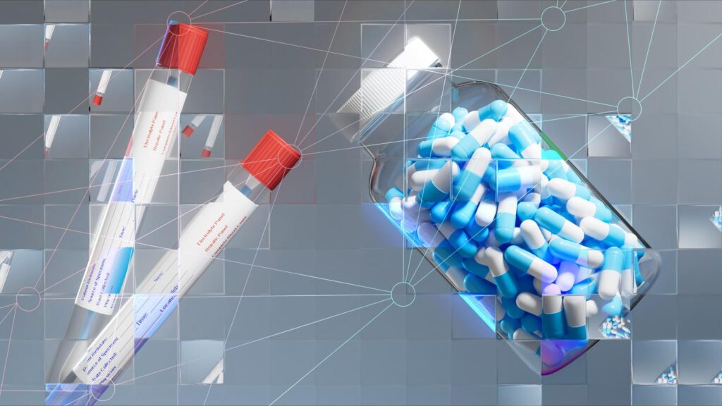 This image shows two labelled swab tubes with red caps and a glass jar full of blue and white pills, floating against a grey background and refracted in different ways by a fragmented glass grid. This grid is a visual metaphor for the way that new artificial intelligence (AI) and machine learning technologies can be used to extract and analyse medical data in innovative ways. Some of the grid squares reveal graphical interpretations of the objects that exceed the capabilities of human vision, which indicates how cutting edge technologies offer ways to augment traditional human understandings of complex phenomena. A neural network diagram is overlaid, familiarising the viewer with the formal architecture of AI systems.