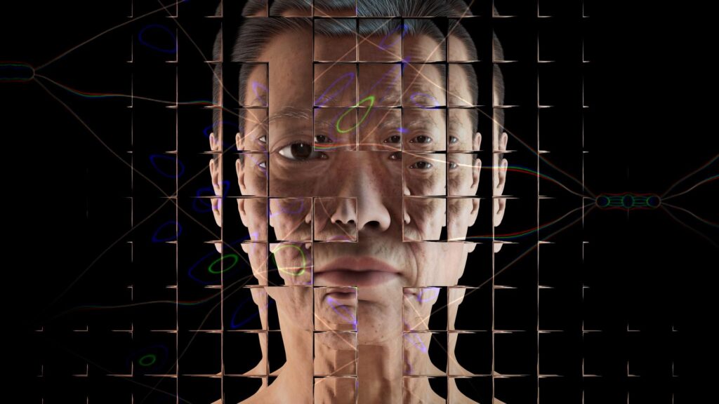 This image shows a portrait of a simulated middle-aged white woman against a black background. The scene is refracted in different ways by a fragmented glass grid. This grid is a visual metaphor for the way that artificial intelligence (AI) and machine learning technologies can be used to simulate and reflect the human experience in unexpected ways. A distorted neural network diagram is overlaid, familiarising the viewer with the formal architecture of AI systems.